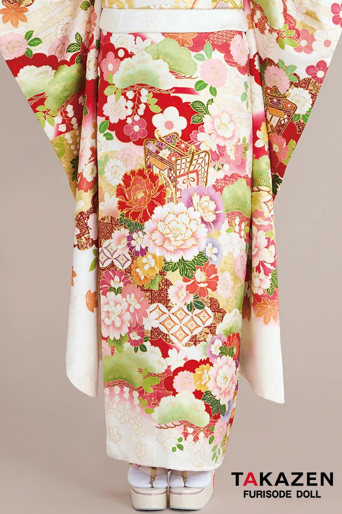 正統派古典 白/赤 御所車柄/牡丹柄 吉澤織物/最高級金彩手描友禅 お