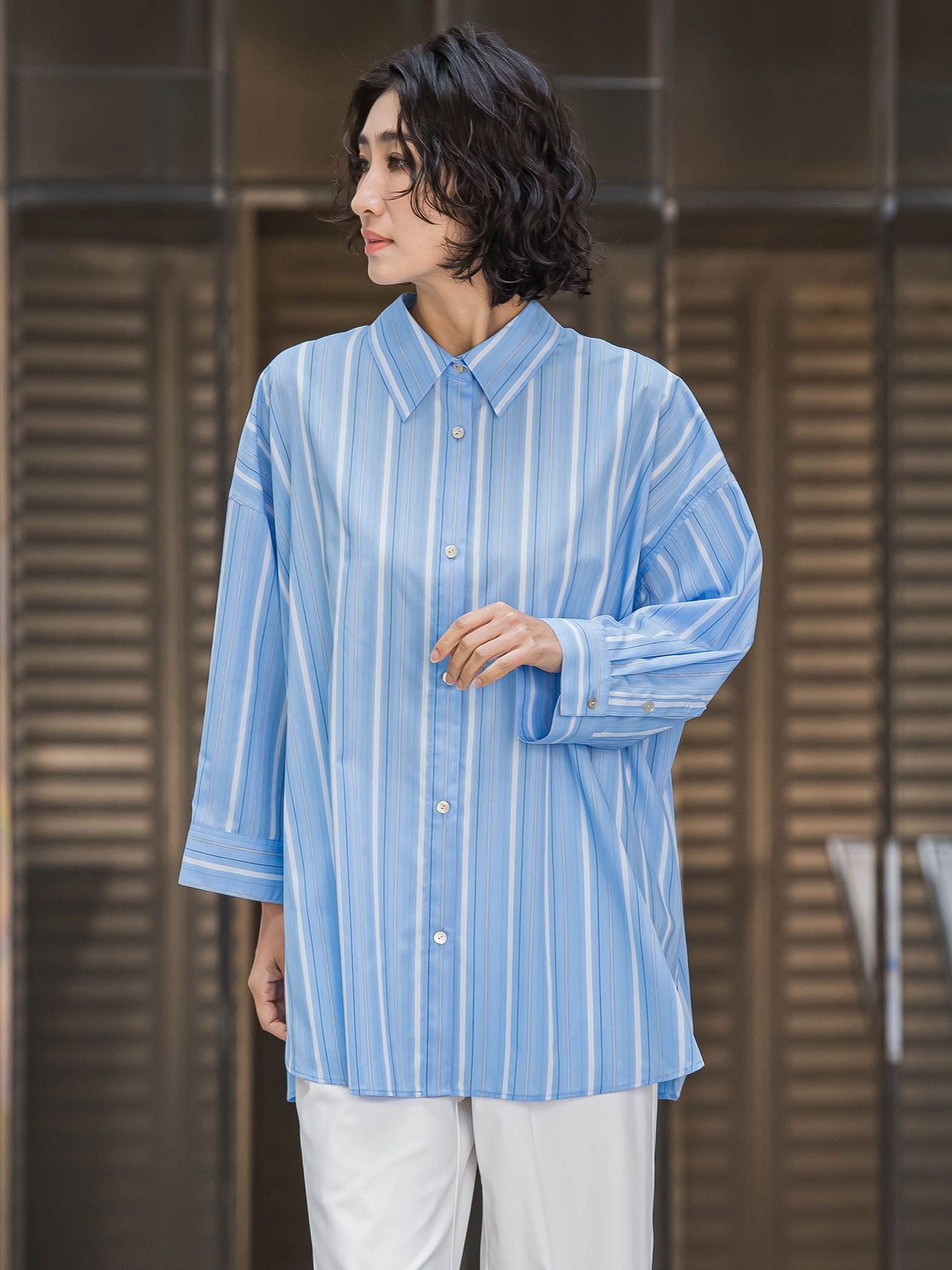 大きいサイズ】オーバーサイズストライプシャツ≪洗濯機で洗える