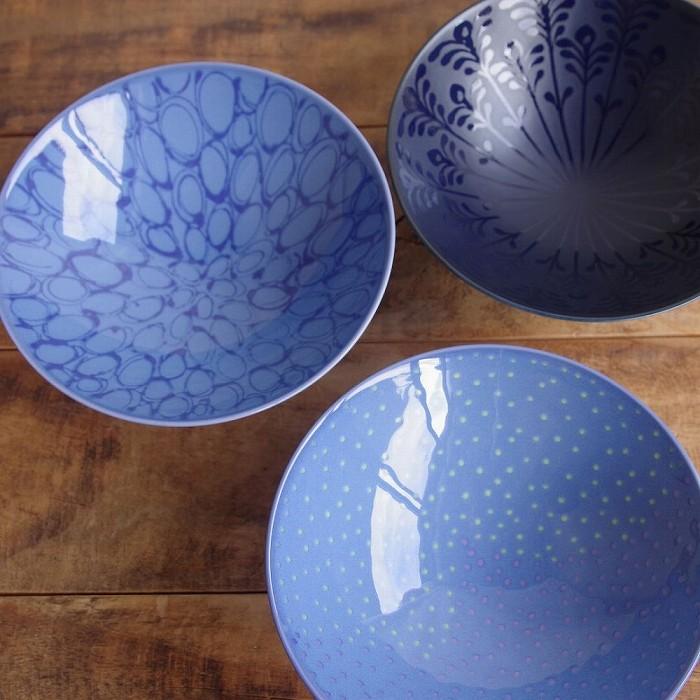 白山陶器 波佐見焼 平茶碗 飯碗 F-19 ブルー 青 ネイビー 楕円 模様 泡