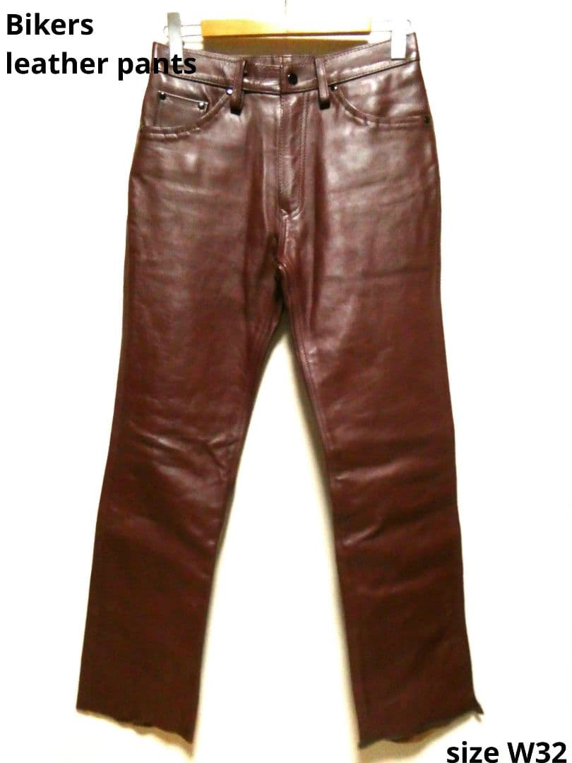 大人気カラー！レッドブラウン！Bikersブーツカットレザーパンツ本革31 レザーパンツ ブーツカット ブラック 40インチ - バイク
